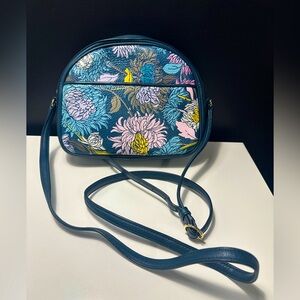 Talbots teal leather purse with colorful peony floral design